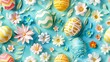 brightly colored paper flowers eggs blue background holding easter cut paste lacking three dimensionality digital duplicate stunning