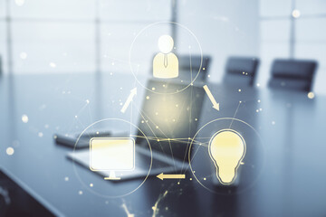 Poster - Double exposure of social network icons concept with modern laptop on background. Marketing and promotion concept