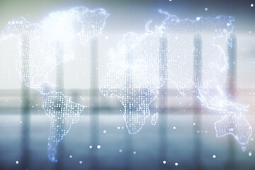 Aufkleber - Multi exposure of abstract graphic world map on modern interior background, big data and networking concept