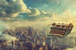 imaginative concept of writers creativity typewriter soaring above cityscape digital illustration