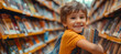 An excited child hugs books in a bookstore, choosing the best books for the new school year and buying new school supplies. Back to school concept.