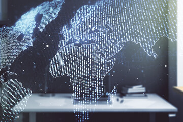 Poster - Multi exposure of abstract graphic world map and modern desktop with pc on background, big data and networking concept
