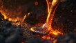 Pouring molten steel, into a socket, close up, glowing orange steel flowing from a ladle into a mold, bright sparks and intense heat creating a dramatic scene,