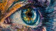 closeup blue eye yellow princess refractive reflective thick impasto paint closes abstract