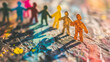 © nextzimost - Paper cutout people forming a circle on a colorful painted background. Unity and community concept. Design for social network banner, teamwork poster. Close-up shot with shallow depth of field