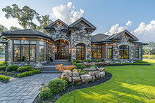 A Stunning Luxury Home In The Suburban Area Of Modern Texas, Featuring Intricate Stone And Stucco Details With Large Windows That Illuminate Its Interior. Created With Ai