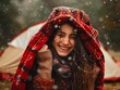 © Cary - woman blanket mittens smiling snow teenage girl campsites while clothes tents joyous wherever ecstatic