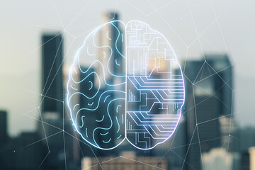 Poster - Double exposure of creative artificial Intelligence interface on blurry cityscape background. Neural networks and machine learning concept