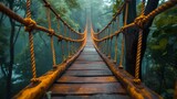 Fototapeta  - Mystical rope bridge disappearing into foggy forest, creating a sense of adventure and exploration, concept of mystery and journey into the unknown