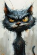 kitty cat kitten yellow eyes black tail angry facial expression bitter illustration impressionistic brushwork pissed off