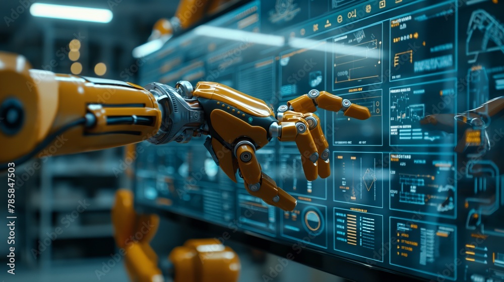 Futuristic robotic arm interacting with complex holographic interface ...