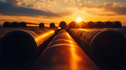 Against the backdrop of an endless sky, the silhouette of steel tubes creates a striking contrast, symbolizing industrial progress.