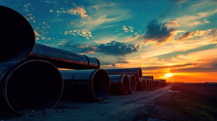 Against the backdrop of an endless sky, the silhouette of steel tubes creates a striking contrast, symbolizing industrial progress.