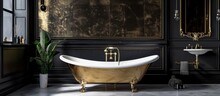 Golden Finished Bathtub Seen Up Close Inside A Bathroom, Showcasing Luxurious And Elegant Design