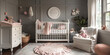 A baby girl nursery with soft pastel pink and grey tones, featuring an elegant crib surrounded by plush toys and heart-shaped decorations. 