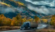 semi truck driving down road mountains commercial vivid background interconnections shipping docks fall season large back transportation design justify center stunning