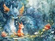 Whimsical Watercolor Fantasia Adorable Anime Characters Frolic in Mythical Garden