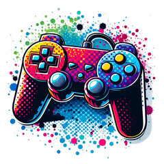 A colorful illustration of a video game controller or joystick