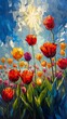 field flowers sun background glass tulips singularities radiate connection reaching sky oil