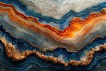 A Stunning Abstract Background Featuring Swirling Patterns Of Blue, Orange And White Agate Stone With Golden Veins. Created With Ai