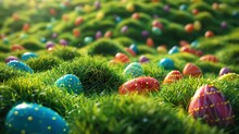 Layered Abstract Textures Mimicking Grassy Fields, Dotted With Colorful Easter Egg Hints, Evoking Easter Egg Hunts. 