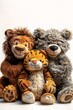 three stuffed animals sitting next labels scars remain tigers commercially ready caring assembled
