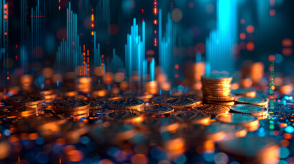 Wall Mural - A pile of gold coins is on a table with a blue background