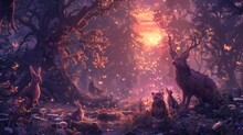 Title: Enchanted Forest Run By Animal Influencers - Fantasy Illustration