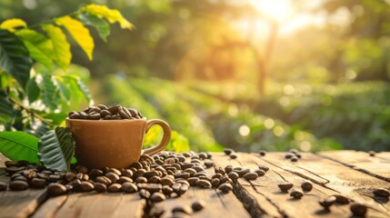 Poster - Coffee cup with coffee beans on the wooden table and the plantations in natural