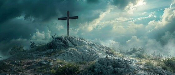 Wall Mural - Solemn cross over rocky hill, dramatic skies whispering redemption