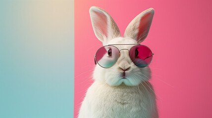 Wall Mural - A rabbit wearing sunglasses and standing in front of a pink background