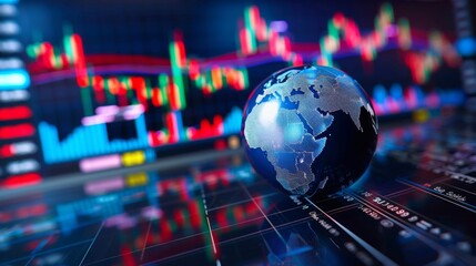 Poster - Stock market graphs and data with globe in foreground
