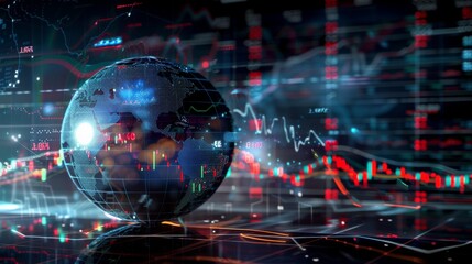 Poster - Stock market graphs and data with globe in foreground