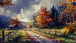 country road barn fence amazing wind blowing leaves drawing gloomy weather breathtaking color daylight stunning illustration
