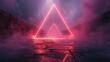  3d rendering of colorful neon light triangles on dark background with smoke and volumetric fog. Created with Ai
