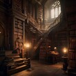 Step into a mystical castle's library, where ancient tomes line towering shelves, illuminated by soft lantern light.
