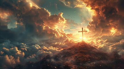 Wall Mural - Cross on high ground, interplay of divinity's light and earth's form