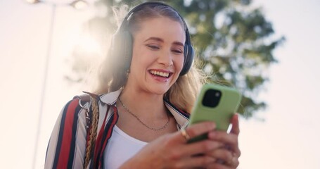 Poster - Woman, phone and laugh with funny, video or joke for radio or podcast with travel. Student, headphones and app for social media, communication and technology with humor and internet meme or music