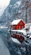 red house shore lake snowy landscape white black color pristine fire comfy valley frostbite gorgeous reflective windows fjords
