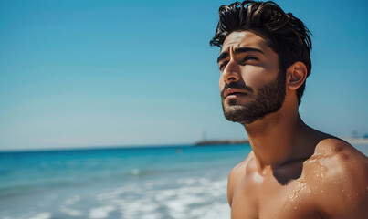 Wall Mural - handsome sixpack shirtless man enjoying summer time in beach