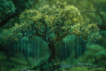 Wall Mural - AI and nature interwoven, binary search tree alive with data, tech meets green