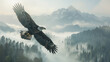 A bald eagle soars with outstretched wings above a mist-covered forest and mountain range, embodying freedom and wilderness.