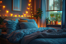 A Cozy Bedroom With Blue And Orange Led Lights, Plush Blankets On The Bed, Plants In Pots By Window, Warm Night Light Creating An Inviting Atmosphere. Created With Ai