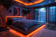  An orange LED strip on the ceiling of the bedroom, a low bed with a grey comforter and black pillows, night time. Created with Ai