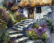 cottage thatched roof steps leading door violet flower stunning drawing stone pathways gorgeous masterful sheltered grey cobblestones