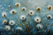 dandelions blue background feathers wet details cumulus delicate precise brushwork radiate connection white gold sky falls ground west fluffy