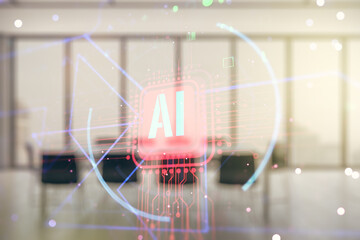 Poster - Double exposure of creative artificial Intelligence abbreviation hologram on a modern boardroom background. Future technology and AI concept