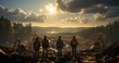  5 people standing on top of the hill overlooking destroyed city, dawn light. Created with Ai