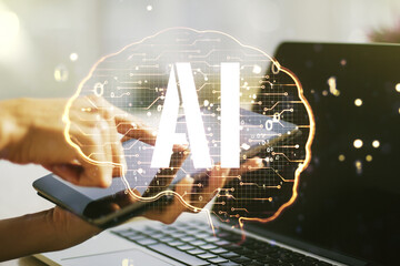 Aufkleber - Double exposure of creative artificial Intelligence symbol with finger clicks on a digital tablet on background. Neural networks and machine learning concept