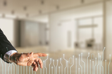 Aufkleber - Double exposure of male hand presses on abstract virtual circuit hologram on blurred office background. Research and development hardware concept